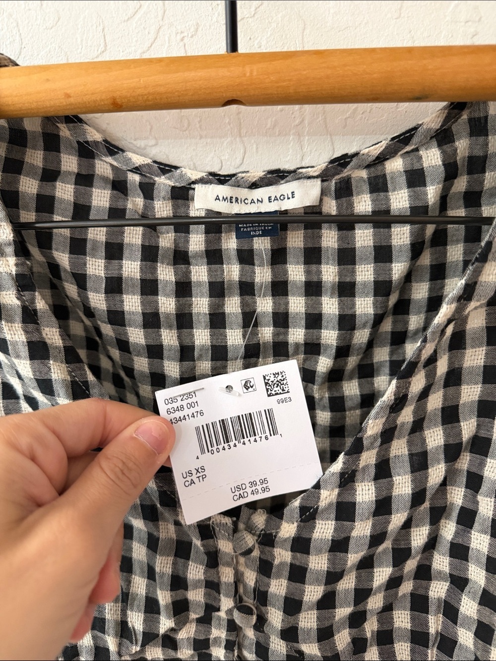 American Eagle Flaw NWT Gingham Black White Babydoll Blouse XS - Picture 2 of 3